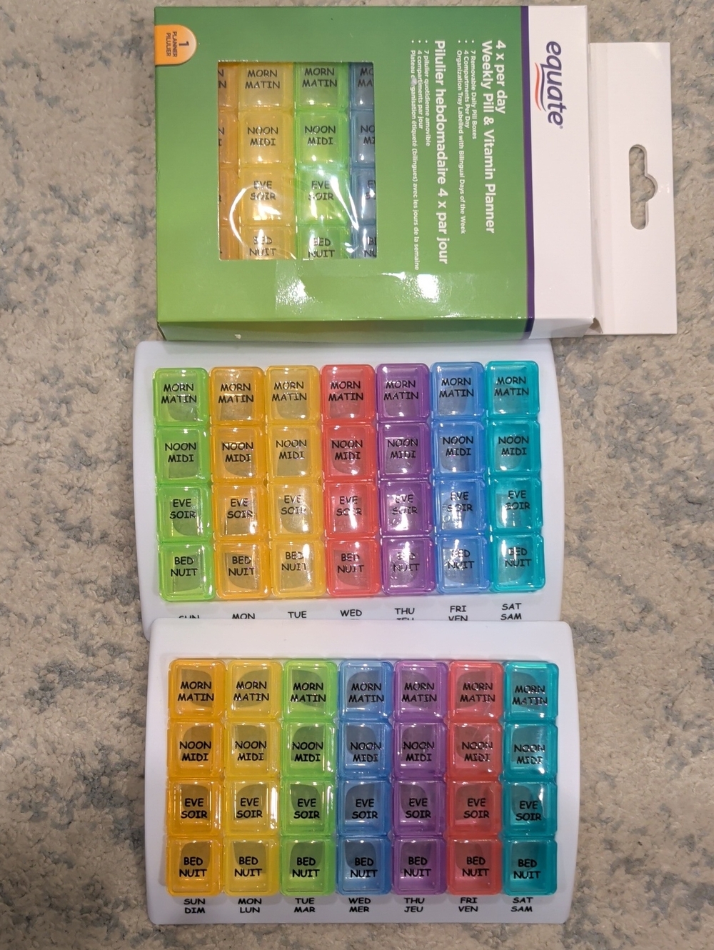 Three Pill Organizers - 4x Daily Weekly Pill & Vitamin Organizer - Multicolor